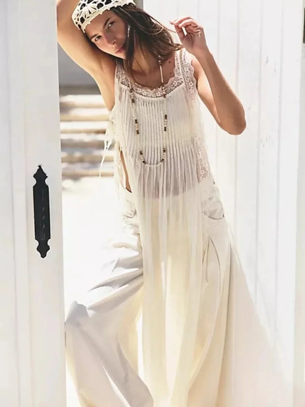Free People Loren Apron Maxi Top Clean Ivory Side Ties Lace Sheer XS